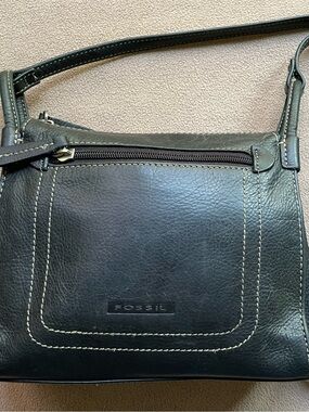 Fossil Black Genuine Leather Crossbody Organizer Bag Adjustable Strap